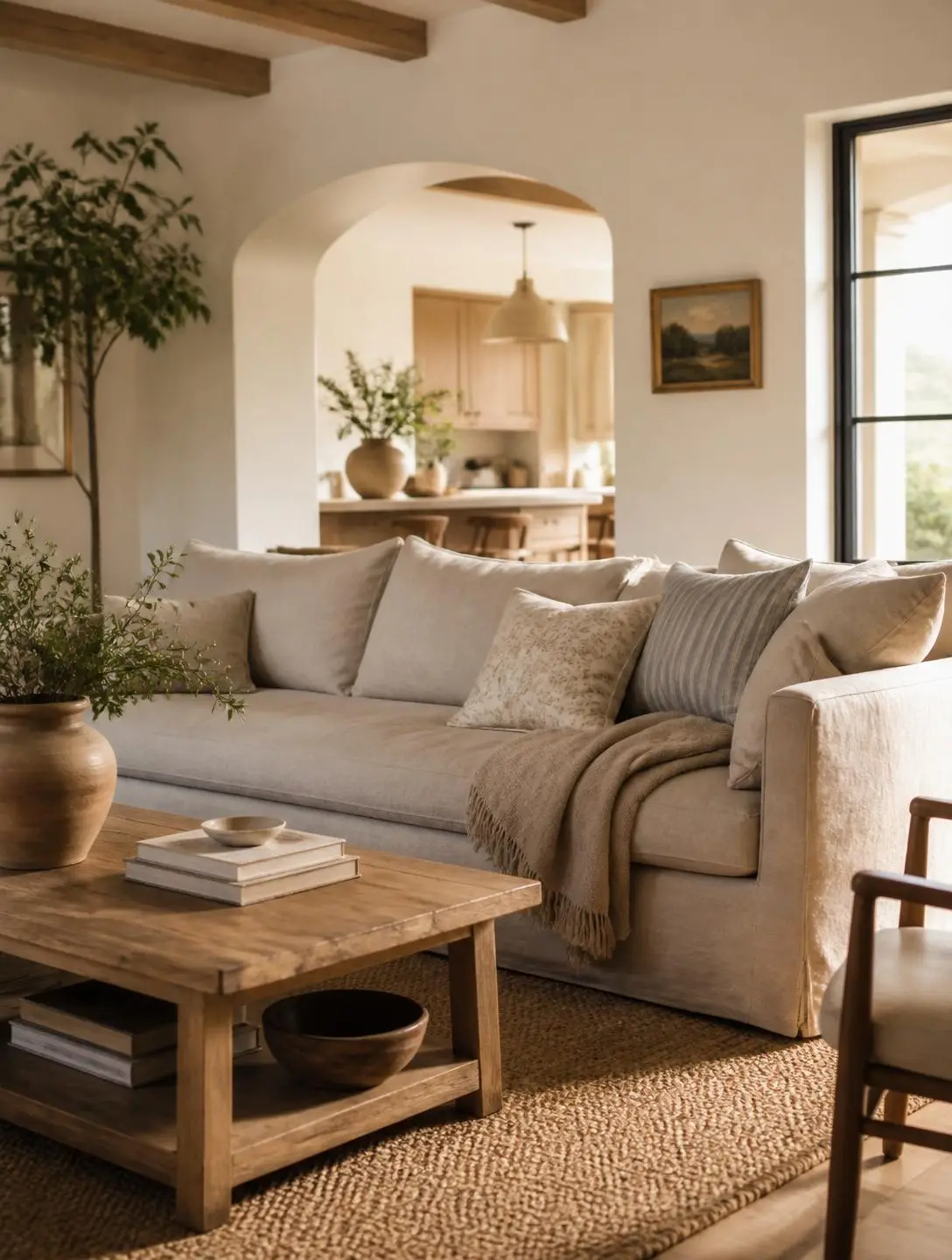 A sunlit modern farmhouse living room with a linen sofa and oak coffee table