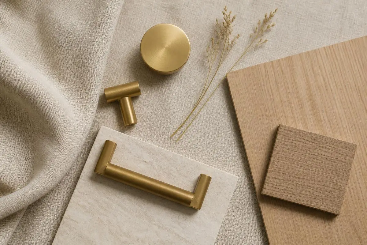 Natural interior design materials including linen, brass hardware and light oak wood